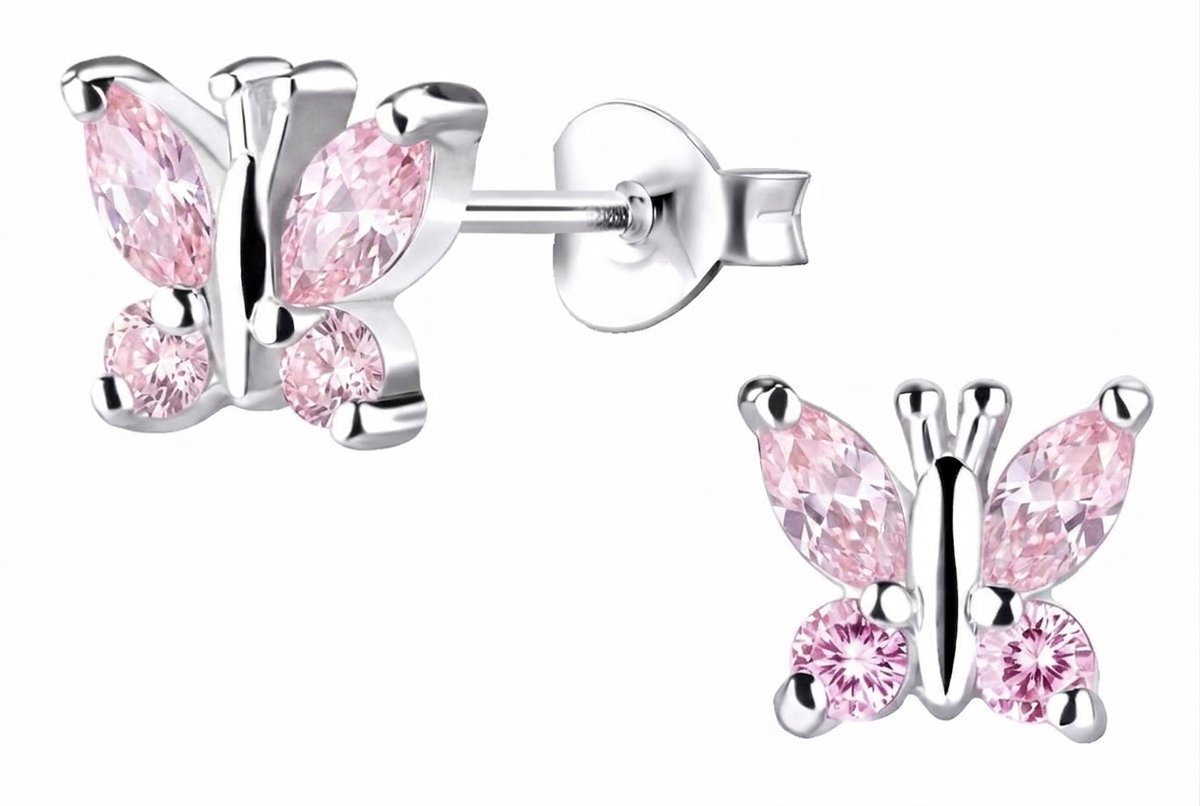 Oorbellen meisje vlinder - zilver - roze - zirkonia