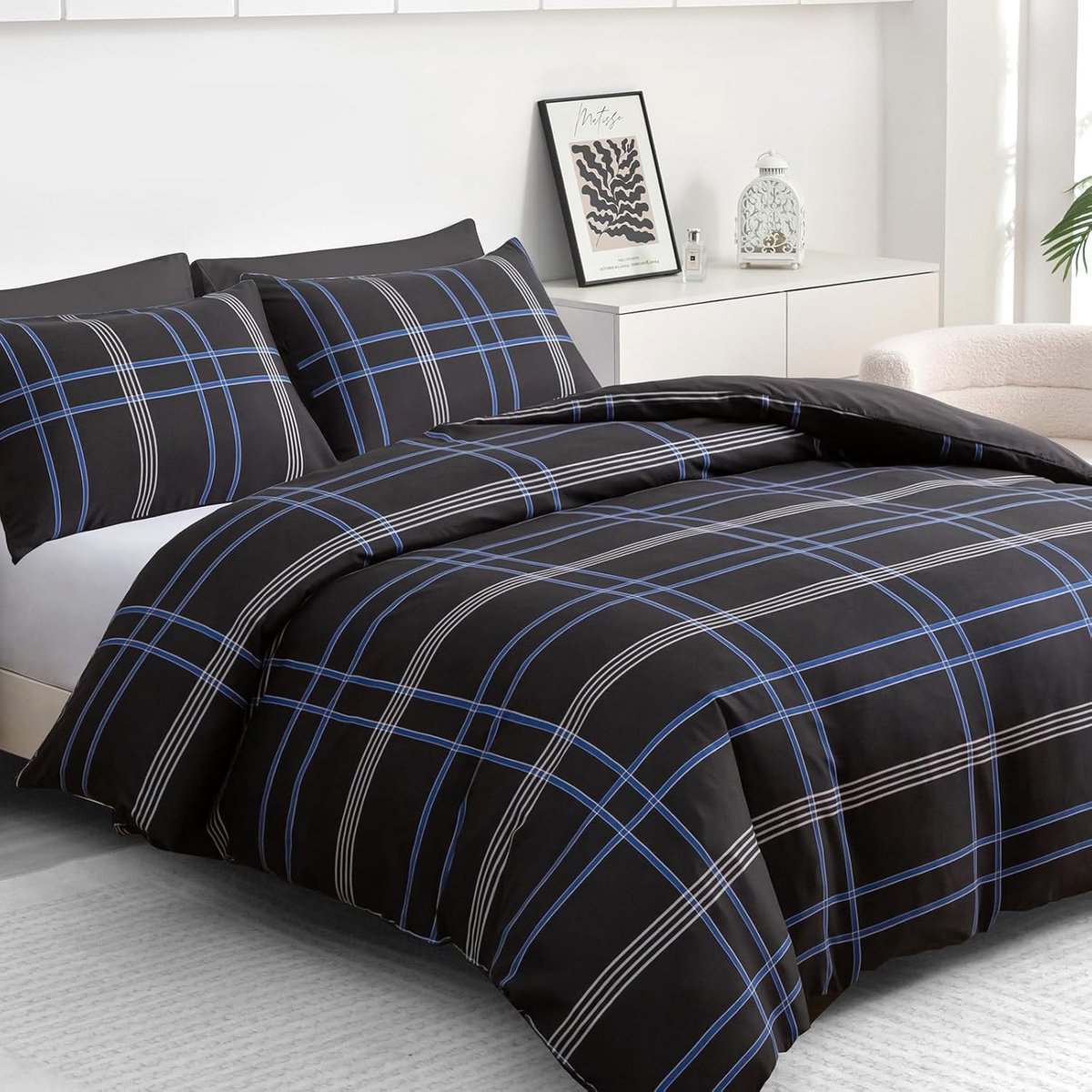Beddengoedset, ultrazachte microvezel dekbedovertrek met kussensloop, beddengoedset met ritssluiting (zwart/blauw/wit, 1 x 155 x 220 cm) + (2 x kussensloop 80 x 80 cm)