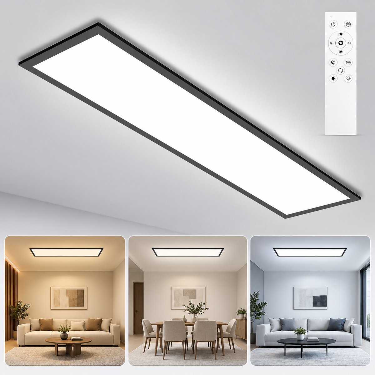 LOVHAUS LED Plafondlamp 100x25 cm – 30W 3300 lm – Dimbaar – Afstandsbediening – 3000K-6500K – Zwart