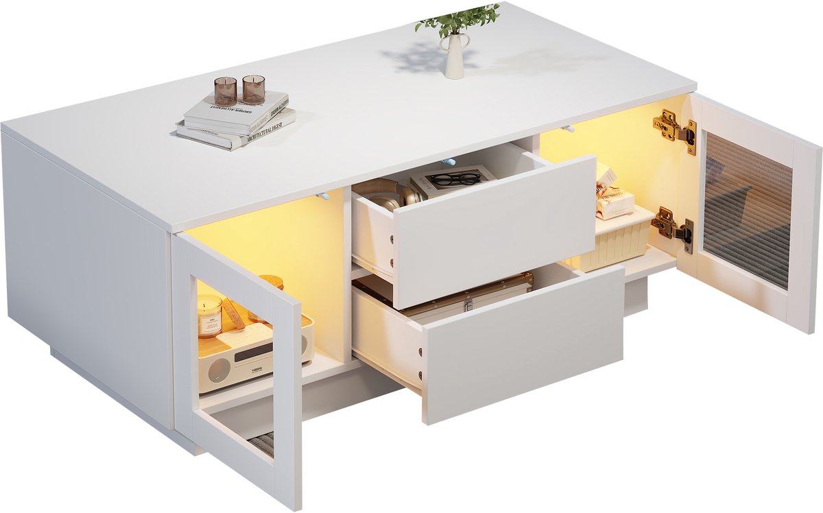 MUVANO Witte hoogglans salontafel - Salontafel met lades - Moderne bijzettafel-Koffietafel met opbergruimte - 100x50x40 cm- Met led verlichting- Woonkamer Wit