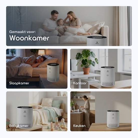 Collage van een witte luchtreiniger in verschillende ruimtes: woonkamer, slaapkamer, kantoor, babykamer en keuken.