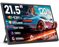 UPERFECT Draagbare monitor 21,5 inch 120 Hz gamingmonitor 1920 × 1080 FHD IPS USB-C & Mini-HDMI-poort met geïntegreerde standaard, tweede scherm voor laptop/telefoon/spelconsole, VESA-montage mogelijk