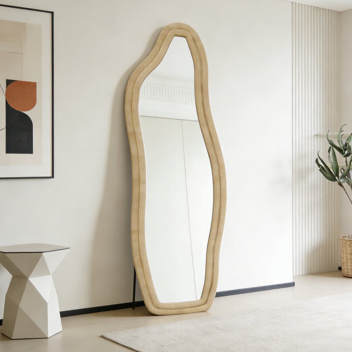 Gestoffeerde Passpiegel 140x45cm - Golvende spiegel met aluminium frame en U-vormige beugel - Wandspiegel Modern - Goud