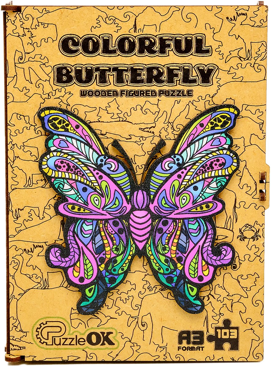 PuzzleOk Colorful Butterfly – Houten Legpuzzel – A3 – 103 Stukjes – Houten Bewaardoos