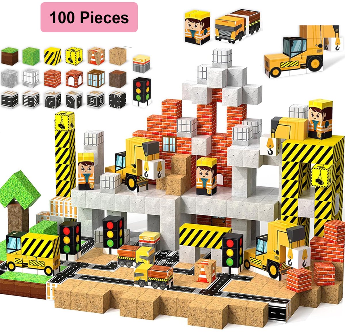 Bouwplaats Magnetische Tegels 100 Stuks – STEM Montessori En Realistisch Technisch Thema – Niet-Giftig ABS – Verjaardagscadeau Voor Jongens En Meisjes