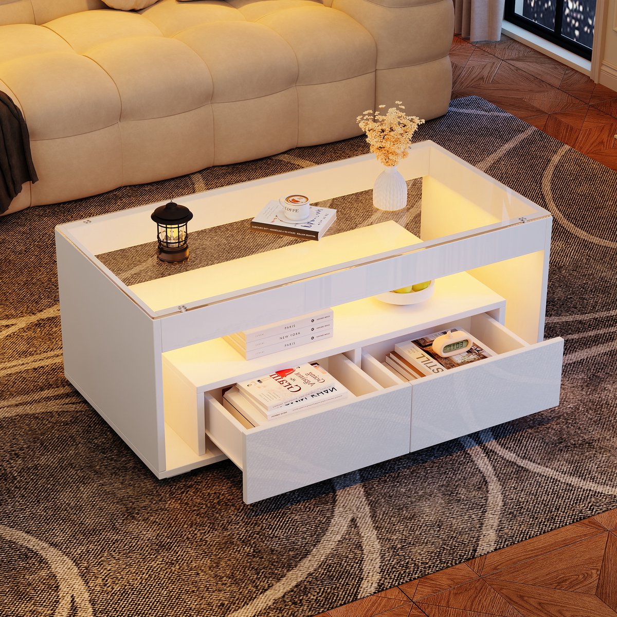 MUVANO Moderne Salontafel Met Led Verlichting - Witte Hoogglans Salontafel - Salontafel Met 2 Grote Lades - 100x50x40 cm - App Gestuurd - Woonkamer Wit