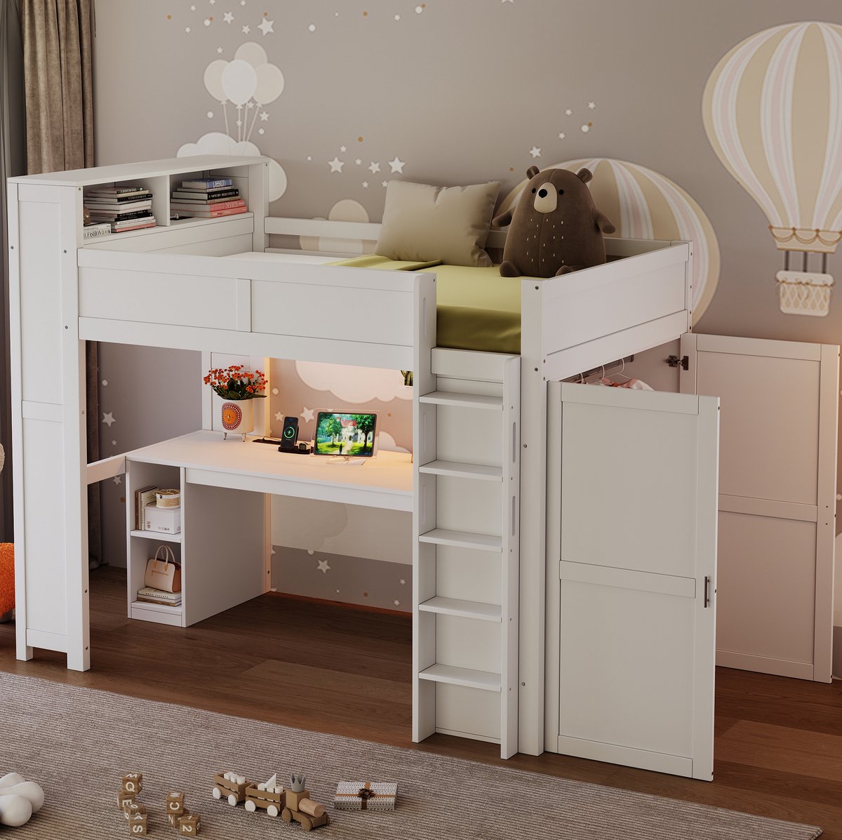 DESMIU Hoogslaper 90x200cm – Bureau, Kledingkast en Opbergruimte – LED-Verlichting en USB-Aansluiting – Met Lattenbodem – Zonder Matras – Wit
