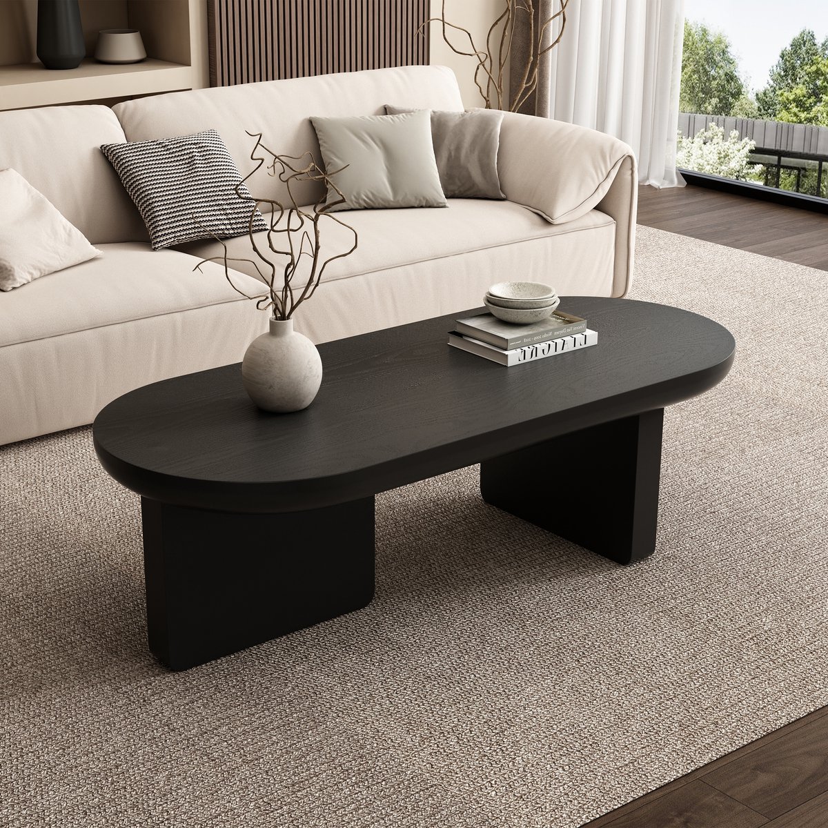 MUVANO Zwarte ovale salontafel - Moderne minimalistische koffietafel - Bijzettafel - Salontafel ovaal - 119,7 x 49,8 x 35,5 cm - Krasbestendig - Woonkamer Zwart