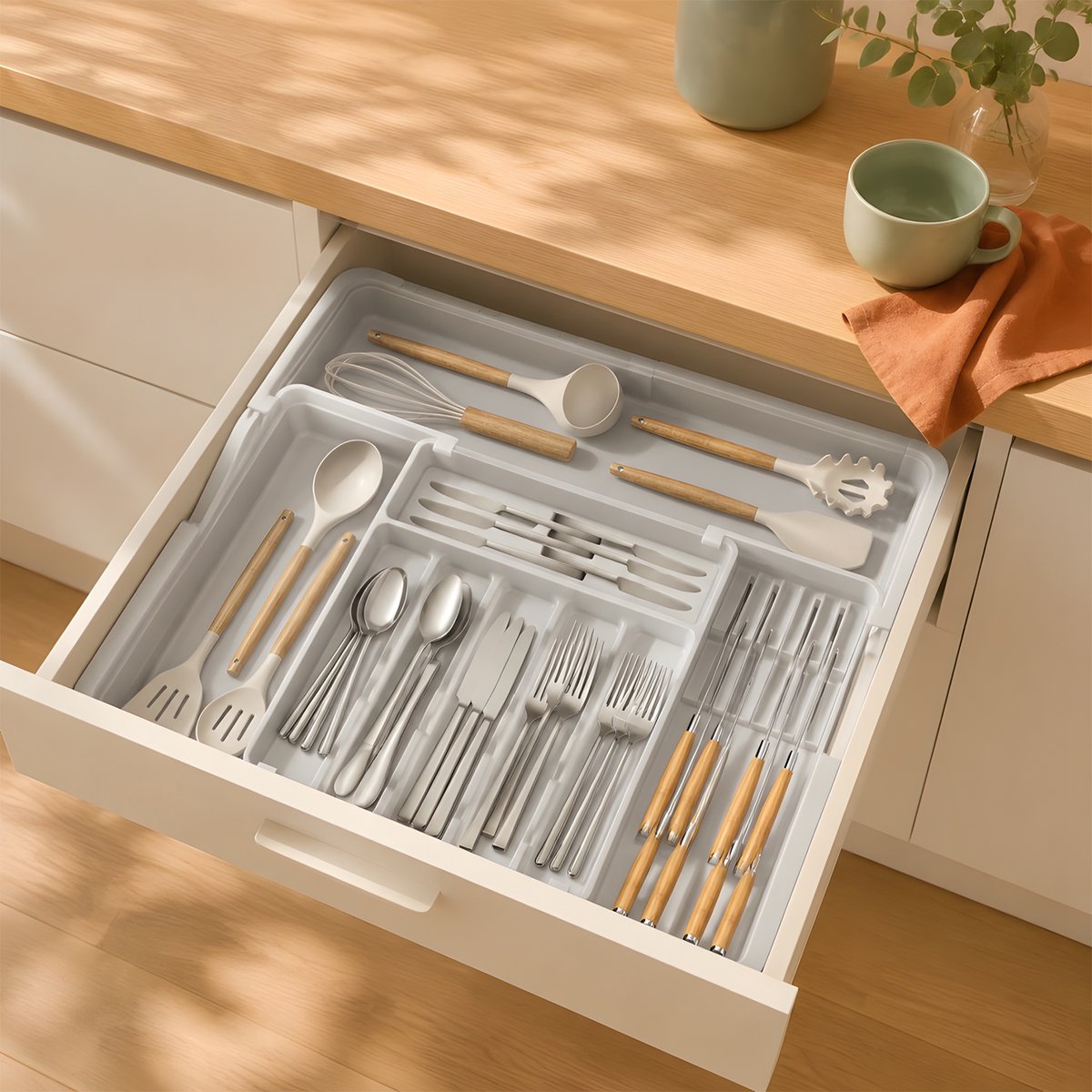 Bestekbak Grijs - Besteklade Keuken - Bestekorganizer met Messenhouder - Bestekhouder voor Messen Lepels en Vorken - 33 x 36,8 x 3,8 cm