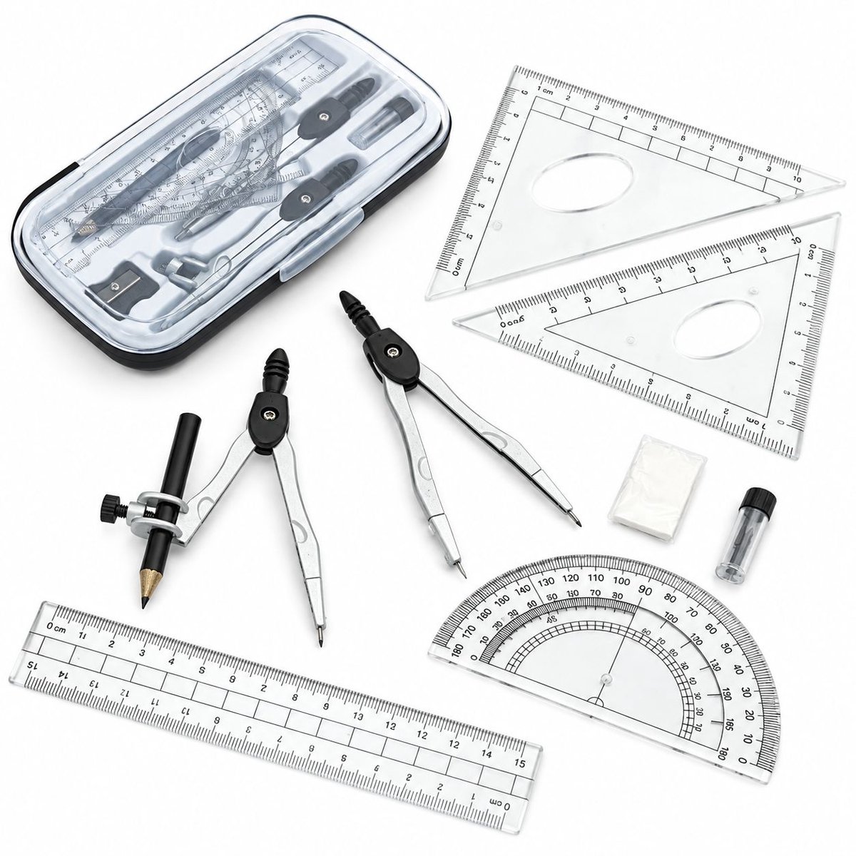 VHV - Geodriehoek, passer, liniaal en - 10-delig schoolbenodigdheden - Nauwkeurige passer, 180° - Nauwkeurige traceren - Klaar voor school - op school