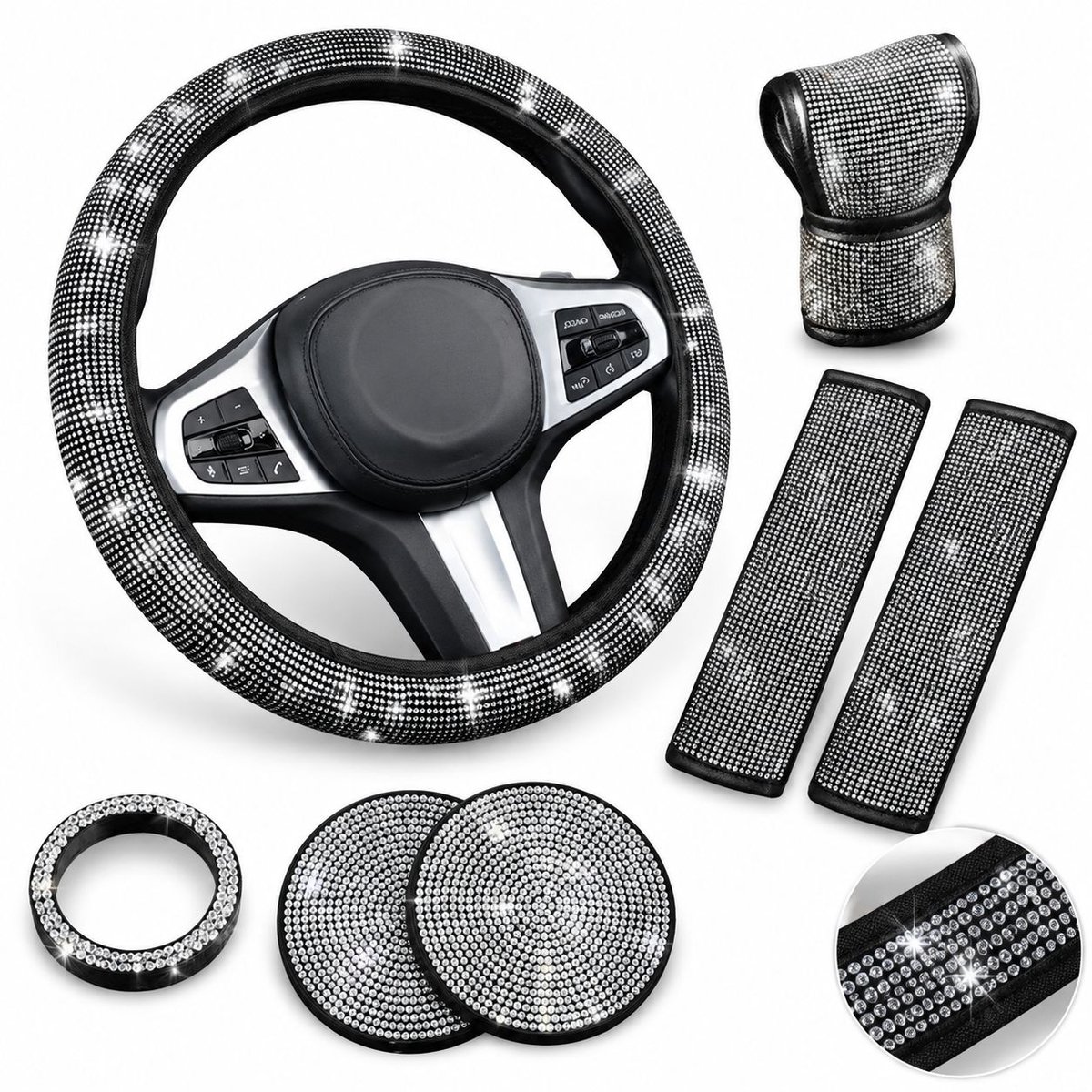 VHV - Auto decoratie - 7 stuks - Wit - Auto-accessoires set - Glinsterende decoratieset - Bling-stuurhoes - Gordelhoes - in en rond de auto