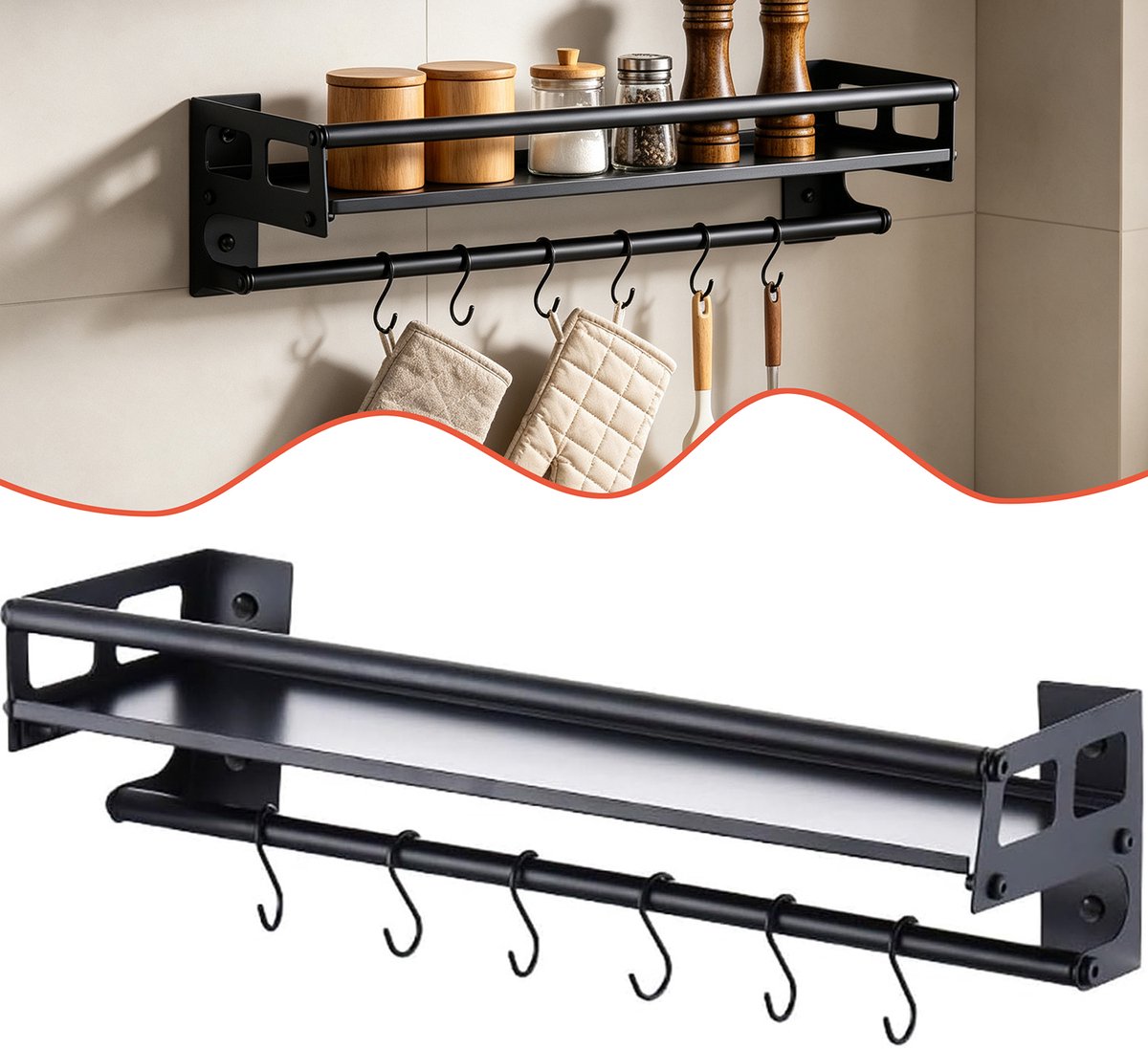 Wandgemonteerd Kruidenrek - Wandplank Voor De Keuken - Keukengerei-Rek Met 8 Haken - Keukenplank-Organizer