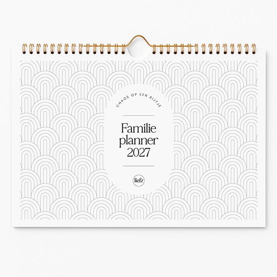 Voorpagina van de "Familieplanner 2027" van Liefz. Met een repetitief patroon van grijze bogen.