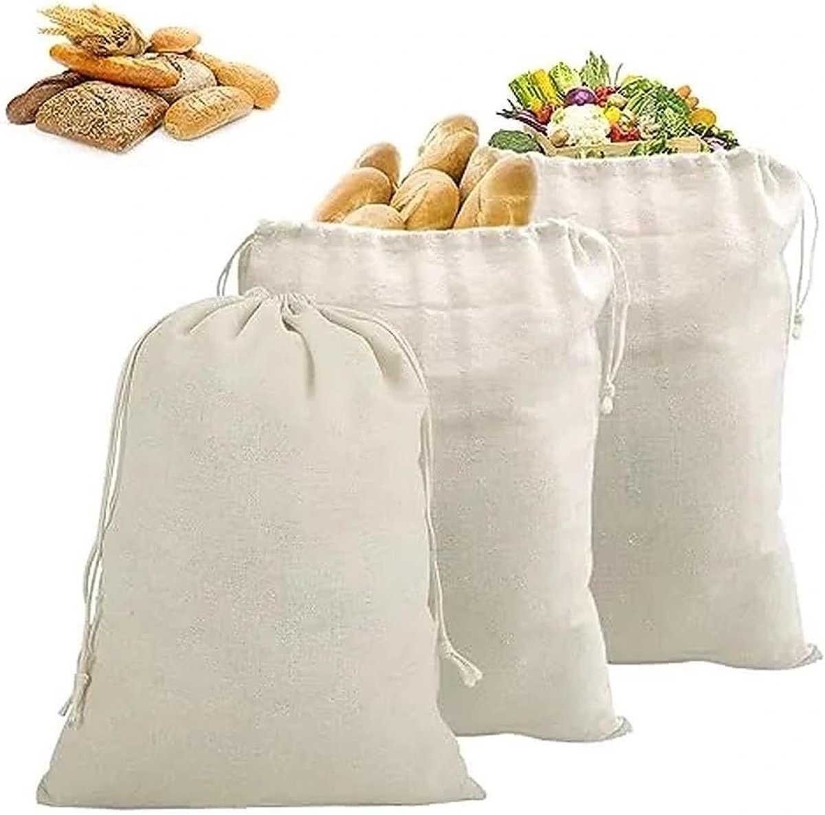 3 stuks linnen broodzakken, 30 x 40 cm, linnen zakken voor brood, herbruikbaar met trekkoord, ongebleekt, 100% linnen - ShopVlot