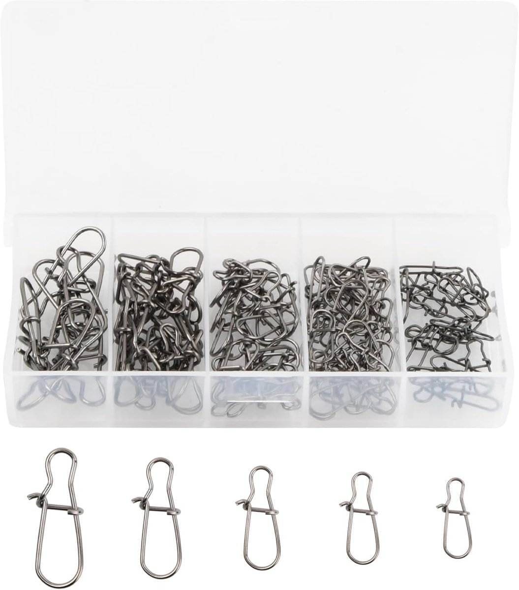 SnelShoppen - Snaps Fishing Rod Set - 100pcs Rvs Duo Lock Snaps met Box - Carabiner Set voor Roofvissen, Perch, Trout, Zander & Pike - 5 Maten, Zilver