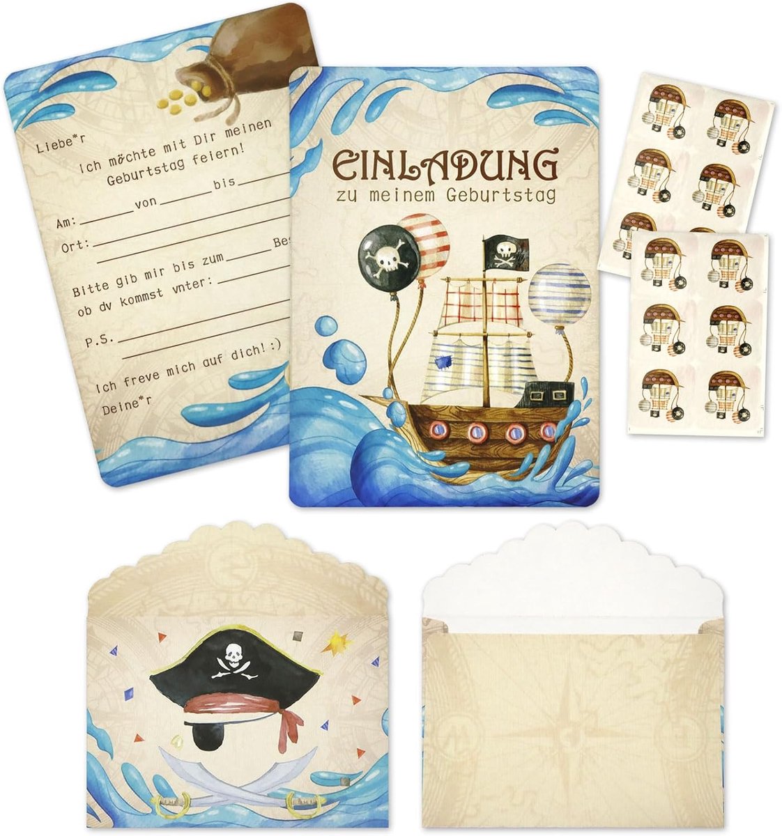 SnelShoppen - 12x Piraten Uitnodigingskaarten Kinderverjaardag met Enveloppen en Stickers, Piratenverjaardagsuitnodigingen voor Feesten, Hoogwaardig e