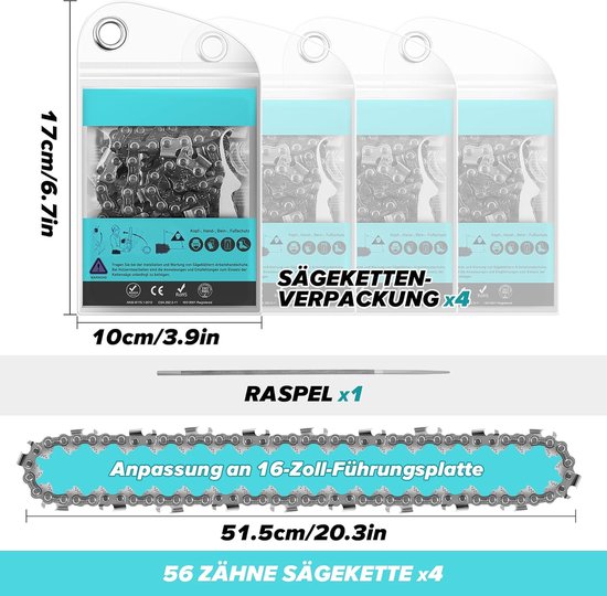 Zaagketting set van 4 - 3/8 inch LP - 1.3 mm dikte - 56 schakel voor 40 cm zaag - ShopVlot — afbeelding 5
