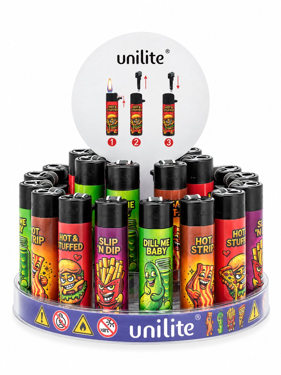Unilite® Flint Aanstekers - Display 24 stuks - Navulbaar - Vuursteen - Snack Attack print
