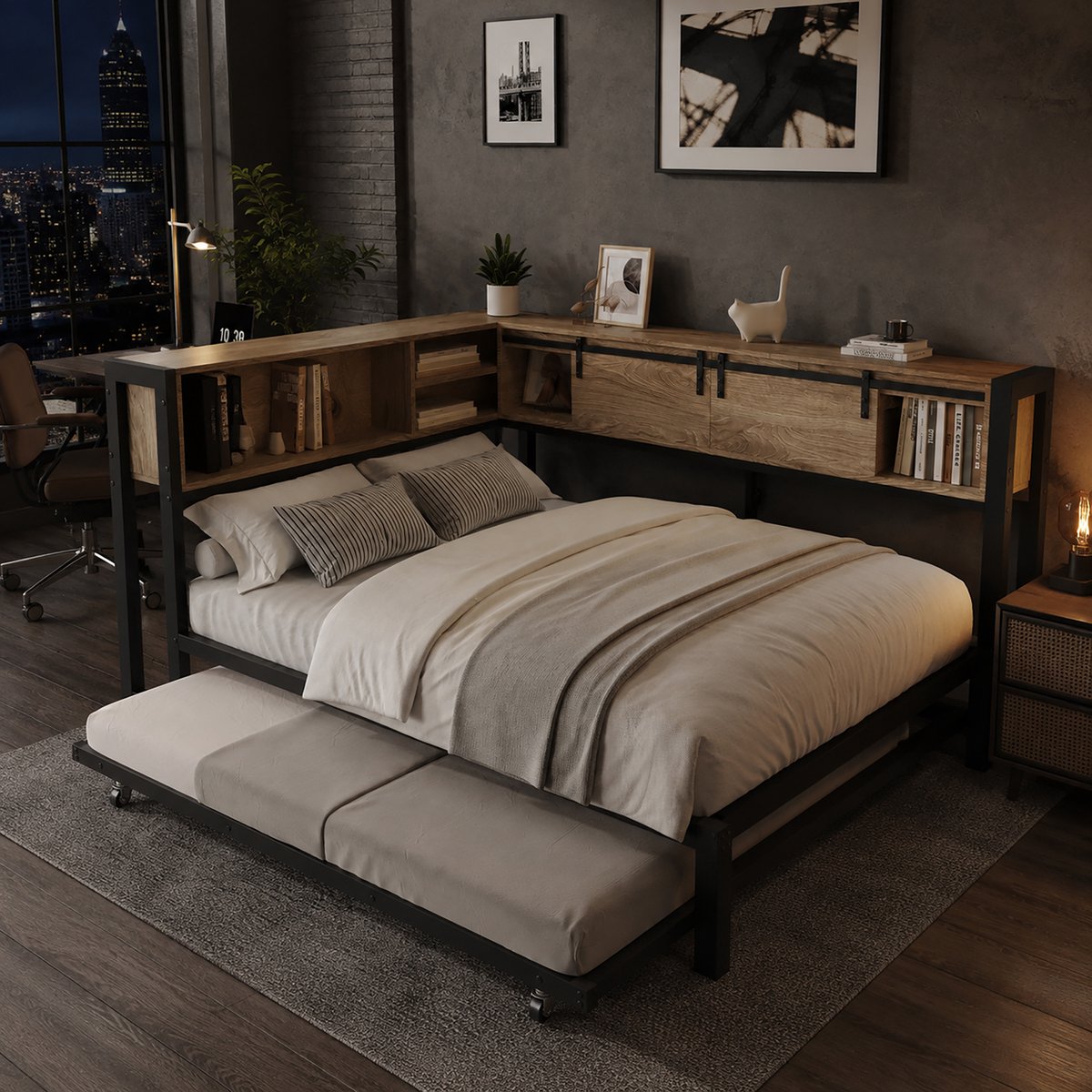 Merax Slaapbank 120 x 200 cm - met uitschuifbaar bed 90 x 190 cm - met opbergruimte - schuifdeur - met lade en kast - zwart en houtkleur - zonder matras