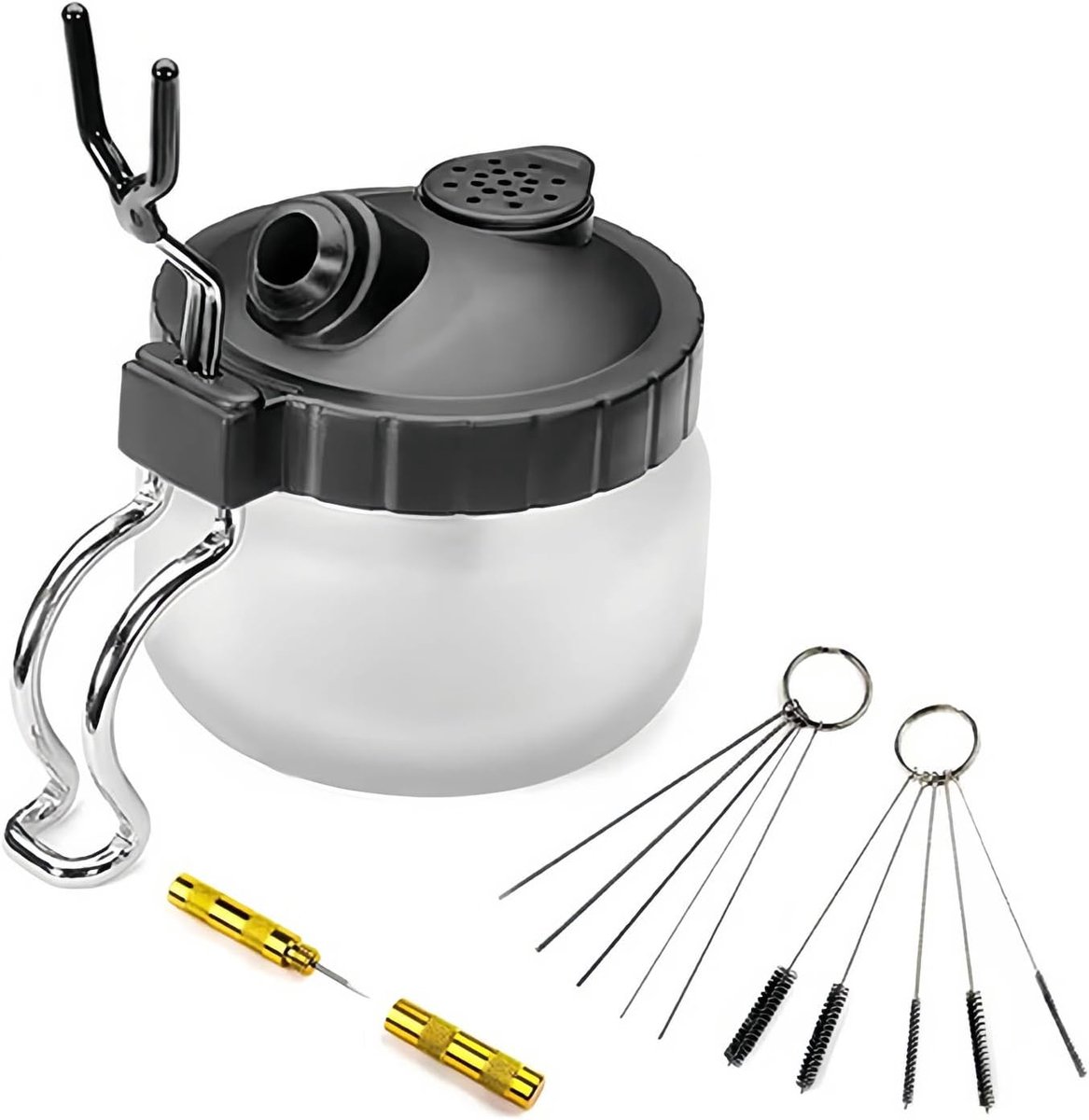 Airbrush cleaning kit, glass cleaning pot with holder, 5 nylon brushes, 5 stainless steel needles, 1 washing needle - ShopVlot