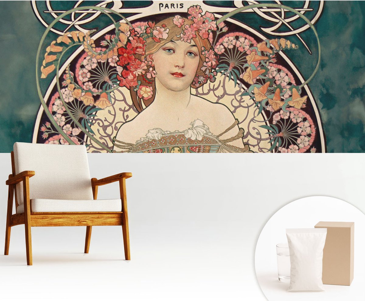 Wallfluent Fotobehang - Grijs Vliesbehang - 250x104 cm - Bloemsymmetrie Muurschildering - Slaapkamer behang Deel - Fotobehang Vlies - Slaapkamer behang