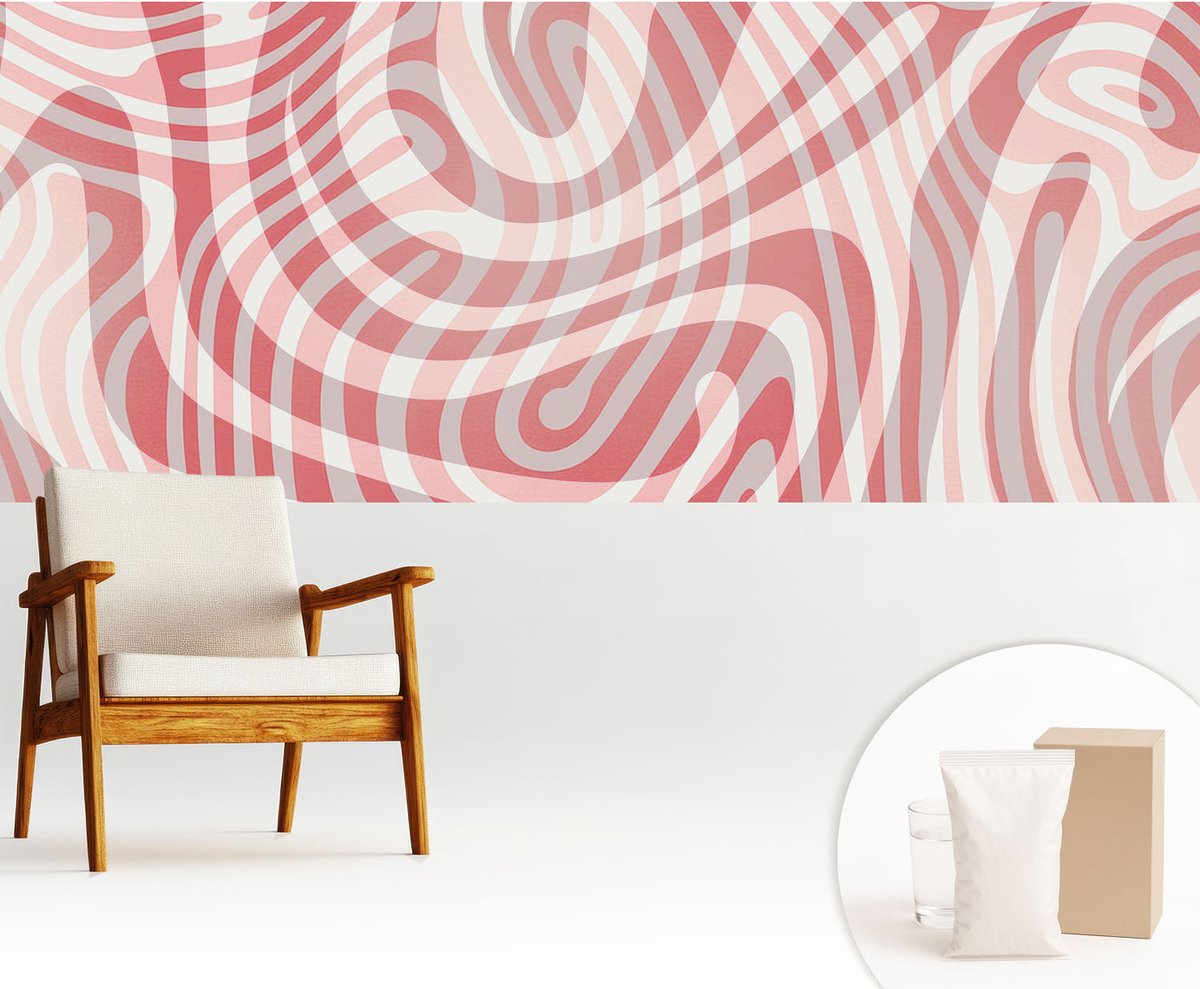 Wallfluent Fotobehang - Rood Vliesbehang - 250x104 cm - Golvende Lijnen Fotobehang Vlies - Woonkamer behang Abstractie - Muurschildering - Woonkamer behang