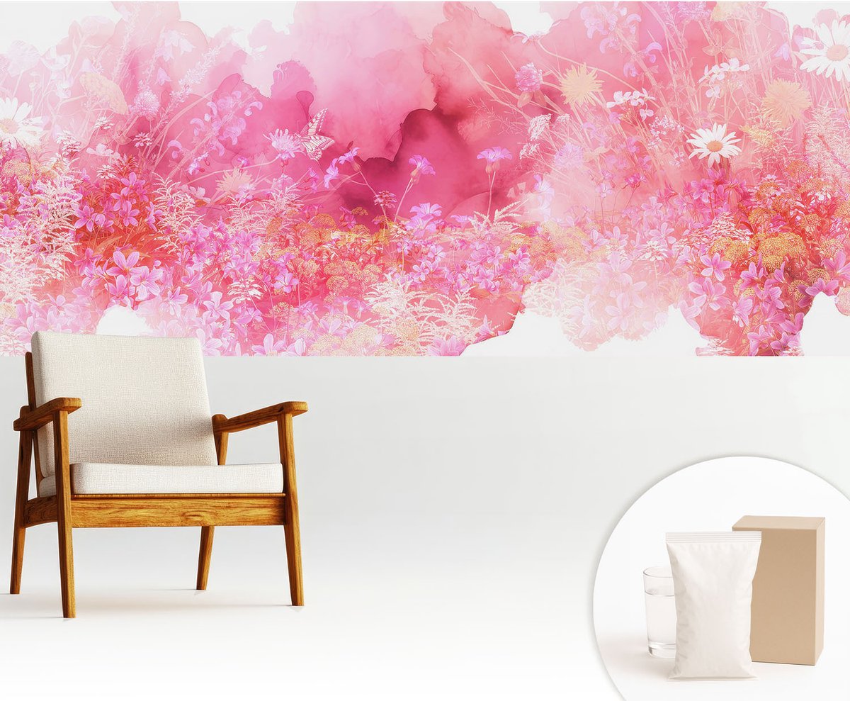 Wallfluent Fotobehang - Roze Vliesbehang - 250x104 cm - Bloemenpatroon Fotobehang Vlies - Woonkamer behang Bloemen En Planten - Muurschildering - Hal behang