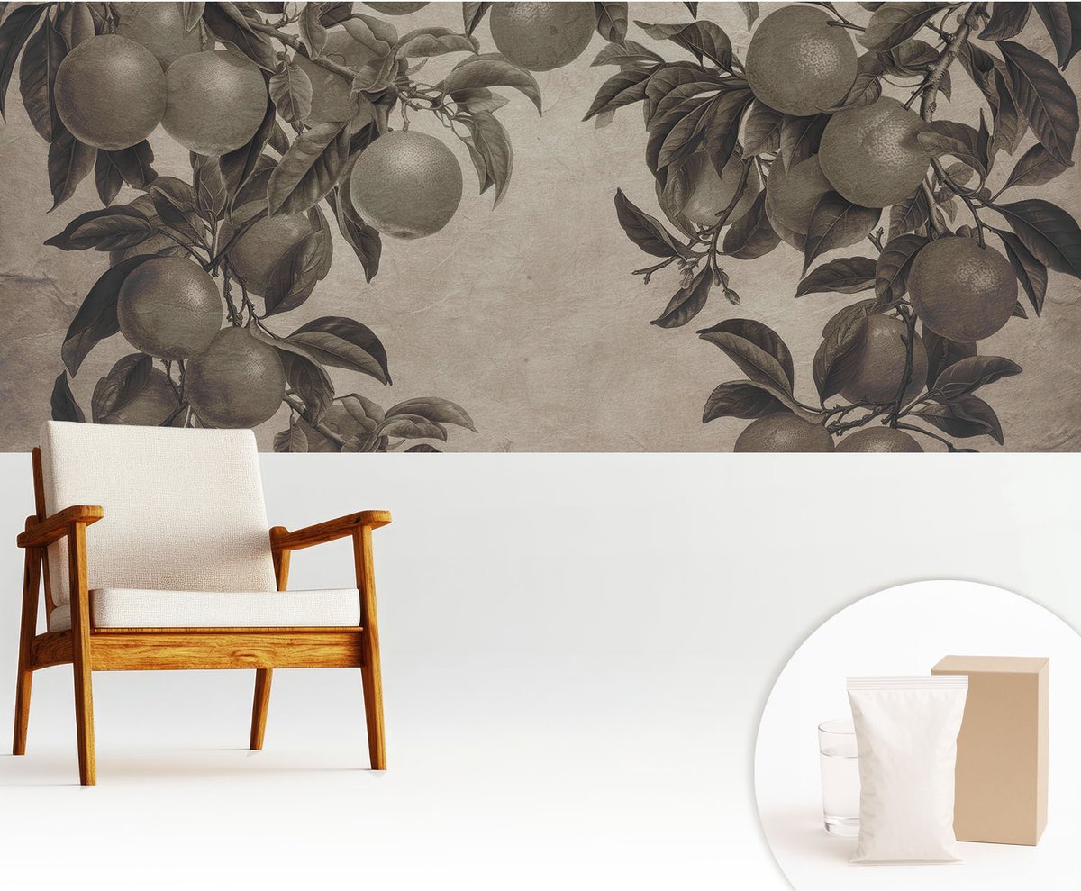 Wallfluent Fotobehang - Grijs Vliesbehang - 250x104 cm - Vruchtpatroon Muurschildering - Gang behang Bloemen En Planten - Fotobehang Vlies - Gang behang