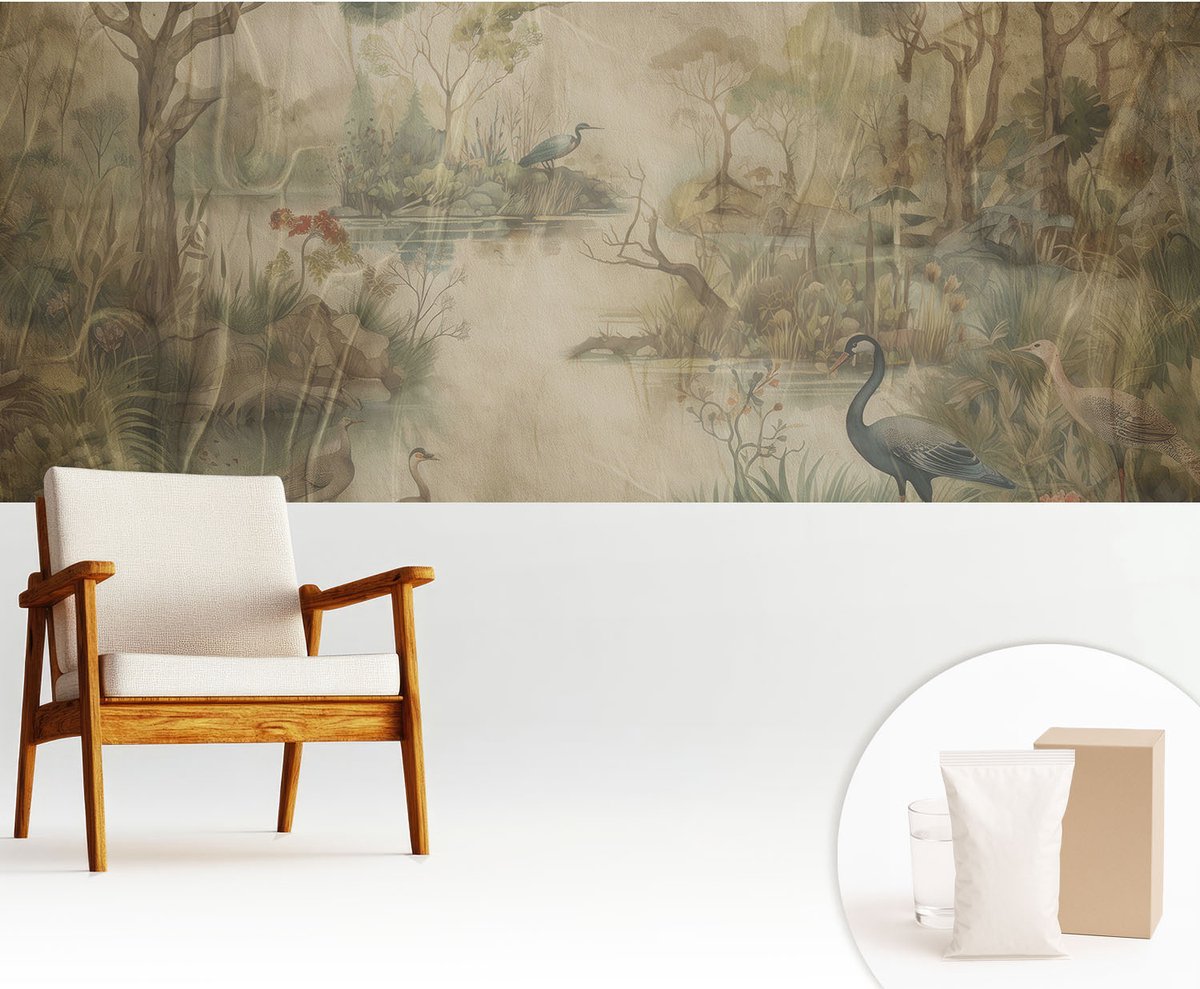 Wallfluent Fotobehang - Beige Vliesbehang - 250x104 cm - Boslandschap Muurschildering - Slaapkamer behang Bloemen En Planten - Fotobehang Vlies - Gang behang