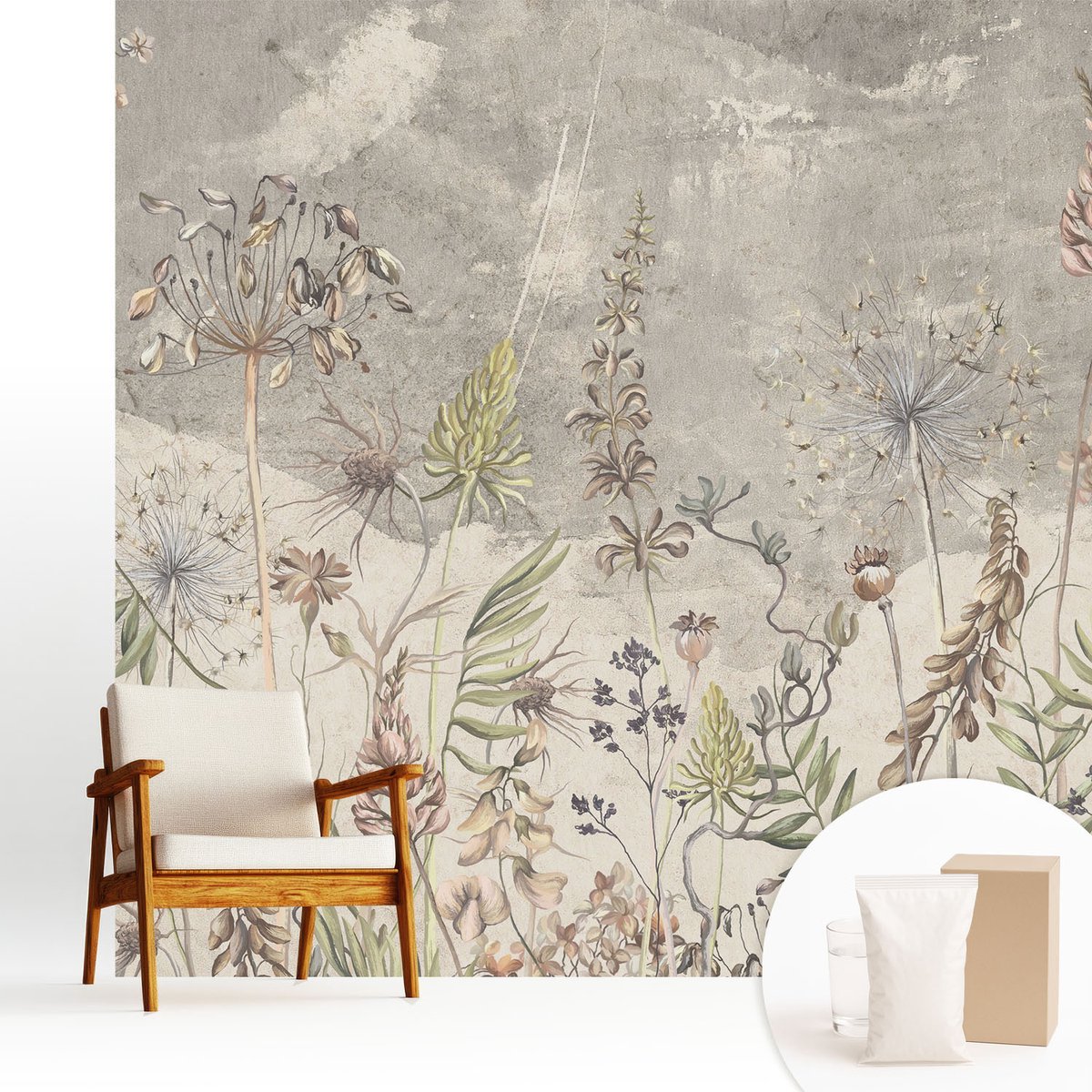 Wallfluent Fotobehang - Grijs Vliesbehang - 250x250 cm - Wilde Planten Muurschildering - Gang behang Bloemen En Planten - Fotobehang Vlies - Slaapkamer behang