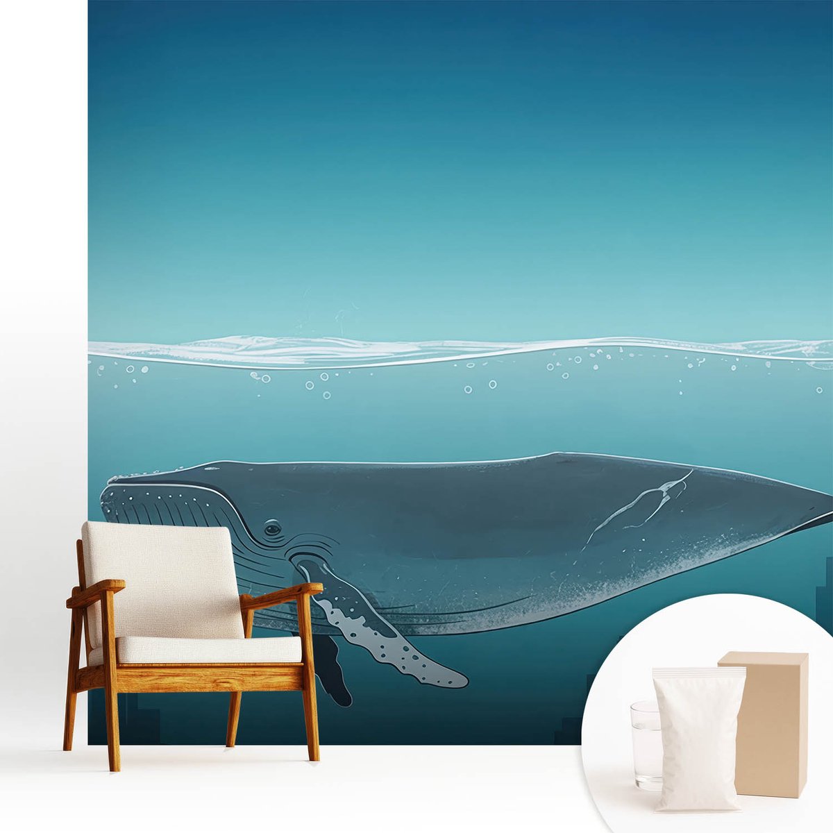 Wallfluent Fotobehang - Blauw Vliesbehang - 250x250 cm - Waterharmonie Muurschildering - Slaapkamer behang Dieren - Fotobehang Vlies - Slaapkamer behang