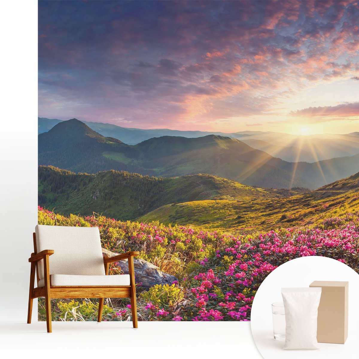 Wallfluent Fotobehang - Groente Vliesbehang - 250x250 cm - Bergpanorama Muurschildering - Gang behang Landschappen - Fotobehang Vlies - Gang behang