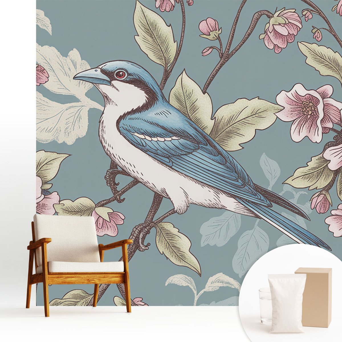 Wallfluent Fotobehang - Blauw Vliesbehang - 250x250 cm - Lente Harmonie Muurschildering - Gang behang Dieren - Fotobehang Vlies - Slaapkamer behang