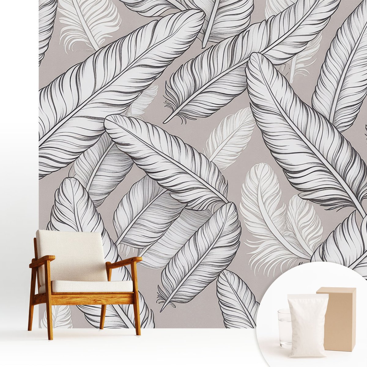 Wallfluent Fotobehang - Grijs Vliesbehang - 250x250 cm - Subtiele Veren Fotobehang Vlies - Hal behang Achtergronden En Patronen - Muurschildering - Woonkamer behang