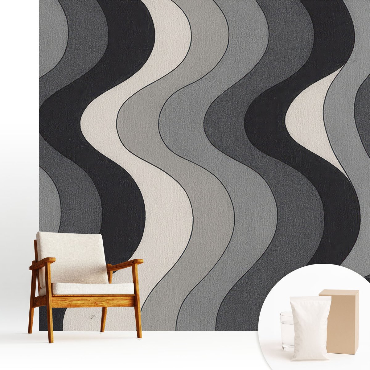 Wallfluent Fotobehang - Grijs Vliesbehang - 250x250 cm - Grijze Golven Fotobehang Vlies - Woonkamer behang Geometrie - Muurschildering - Woonkamer behang