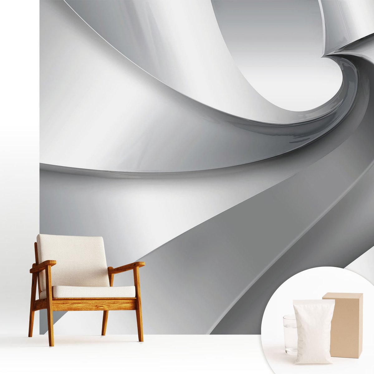 Wallfluent Fotobehang - Grijs Vliesbehang - 250x250 cm - Geometrische Spiralen Fotobehang Vlies - Hal behang Abstractie - Muurschildering - Hal behang