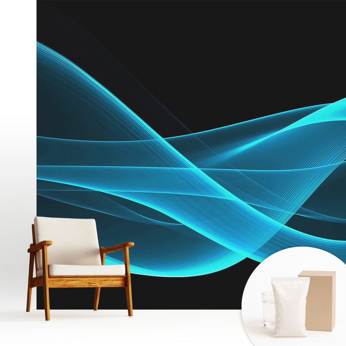 Wallfluent Fotobehang - Zwart Vliesbehang - 250x250 cm - Opvallende Golven Fotobehang Vlies - Woonkamer behang Abstractie - Muurschildering - Hal behang