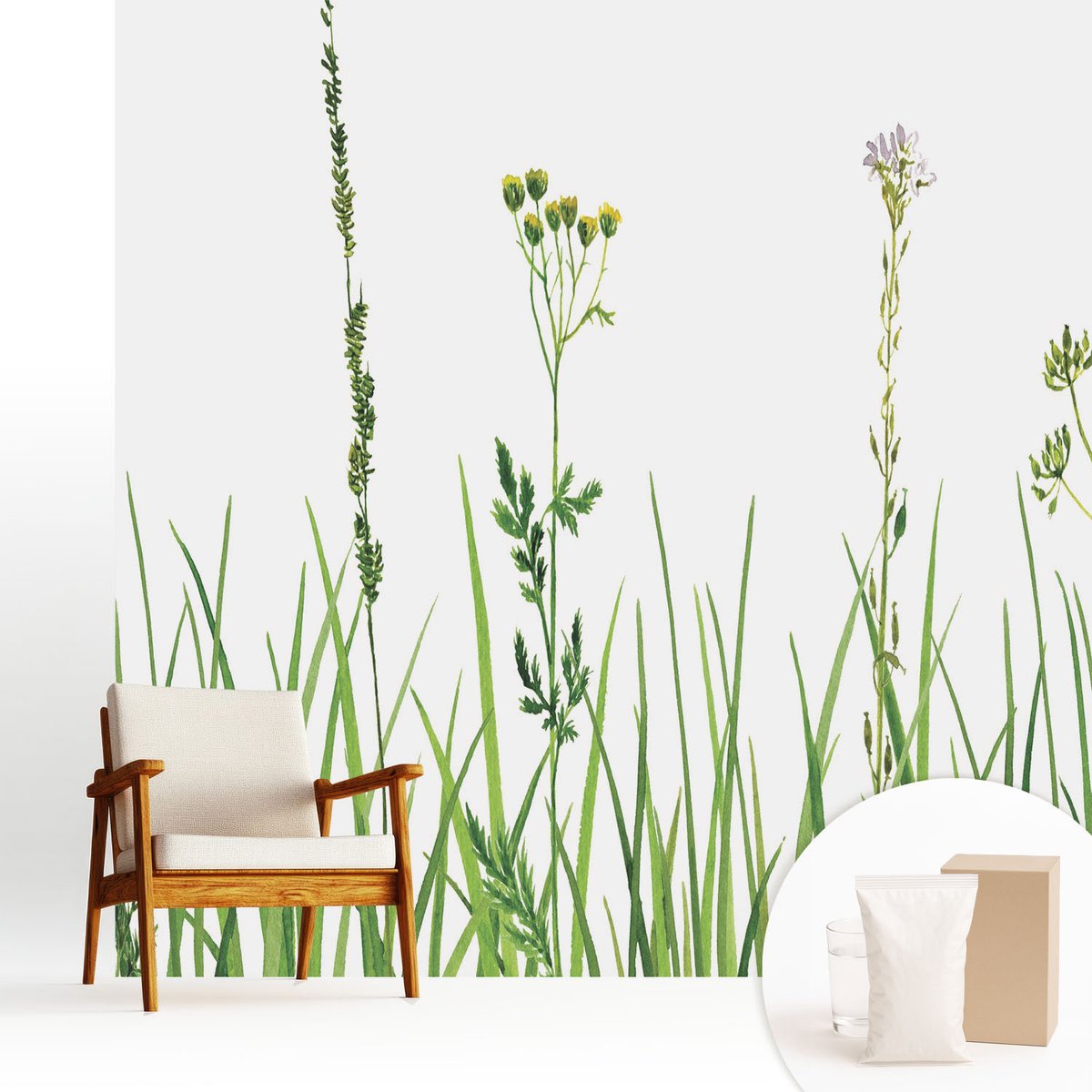 Wallfluent Fotobehang - Groente Vliesbehang - 250x250 cm - Subtiele Flora Fotobehang Vlies - Woonkamer behang Bloemen En Planten - Muurschildering - Woonkamer behang