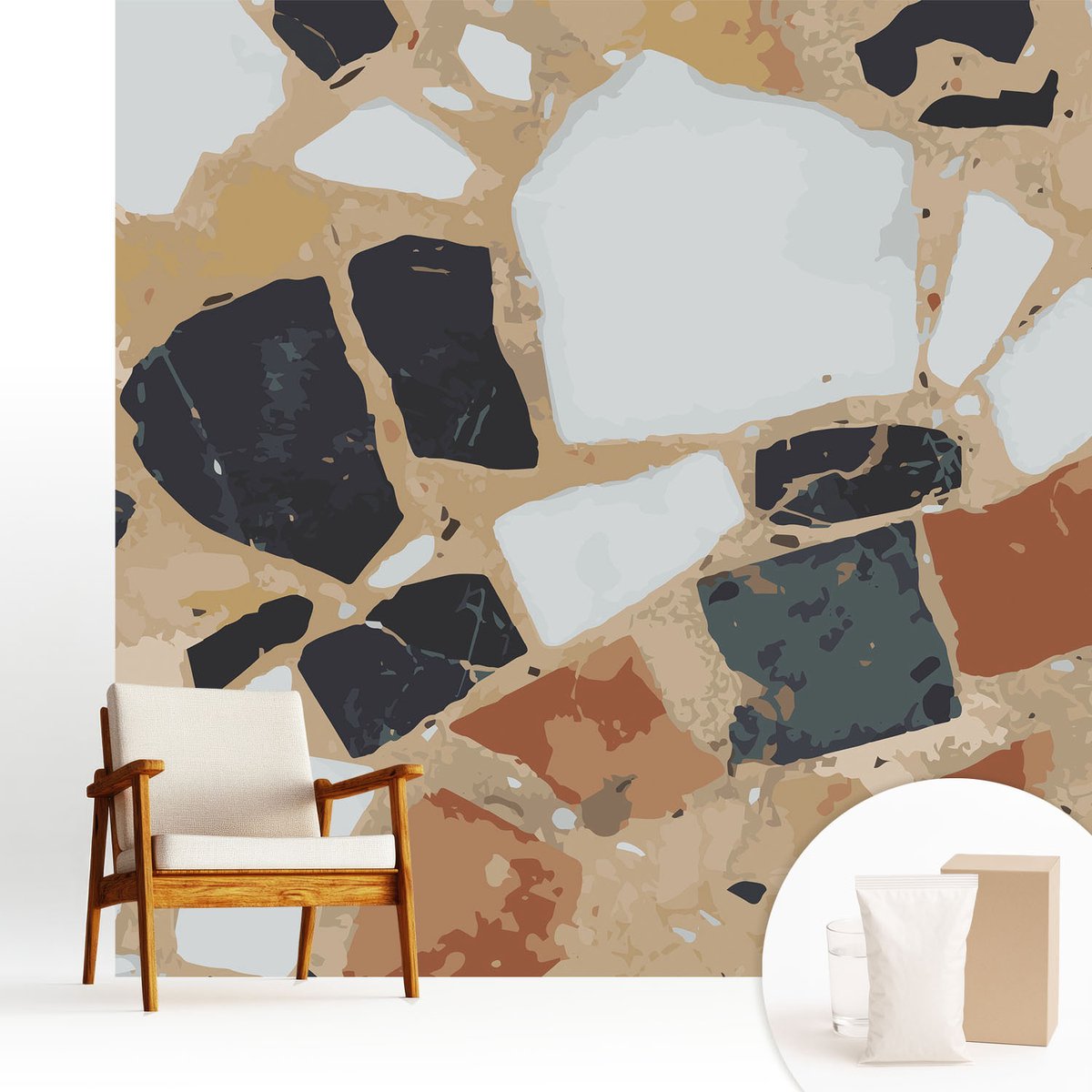 Wallfluent Fotobehang - Wit Vliesbehang - 250x250 cm - Rustieke Stenen Fotobehang Vlies - Woonkamer behang Texturen - Muurschildering - Woonkamer behang