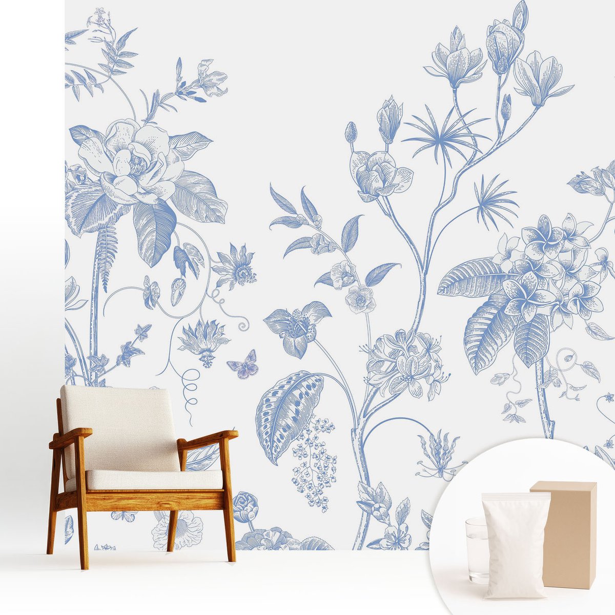 Wallfluent Fotobehang - Wit Vliesbehang - 250x250 cm - Bloemenpatroon Fotobehang Vlies - Hal behang Bloemen En Planten - Muurschildering - Woonkamer behang