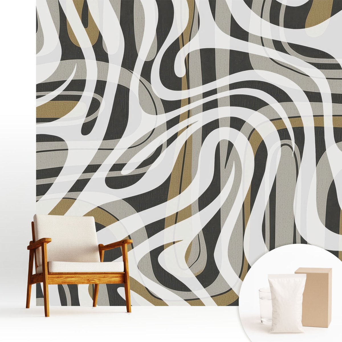 Wallfluent Fotobehang - Wit Vliesbehang - 250x250 cm - Abstracte Lijnen Fotobehang Vlies - Woonkamer behang Abstractie - Muurschildering - Woonkamer behang