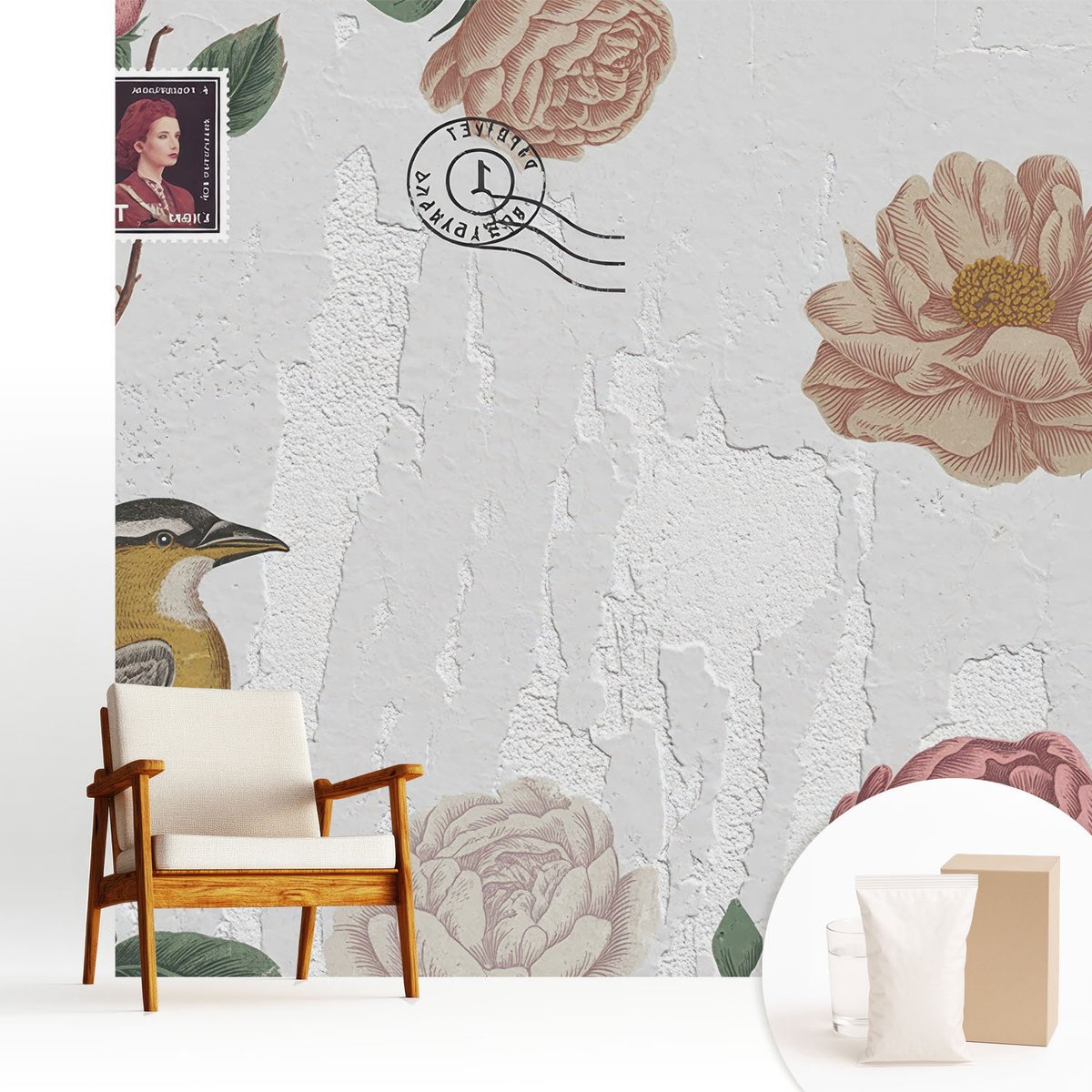 Wallfluent Fotobehang - Wit Vliesbehang - 250x250 cm - Vintage Bloemen Fotobehang Vlies - Hal behang Bloemen En Planten - Muurschildering - Woonkamer behang