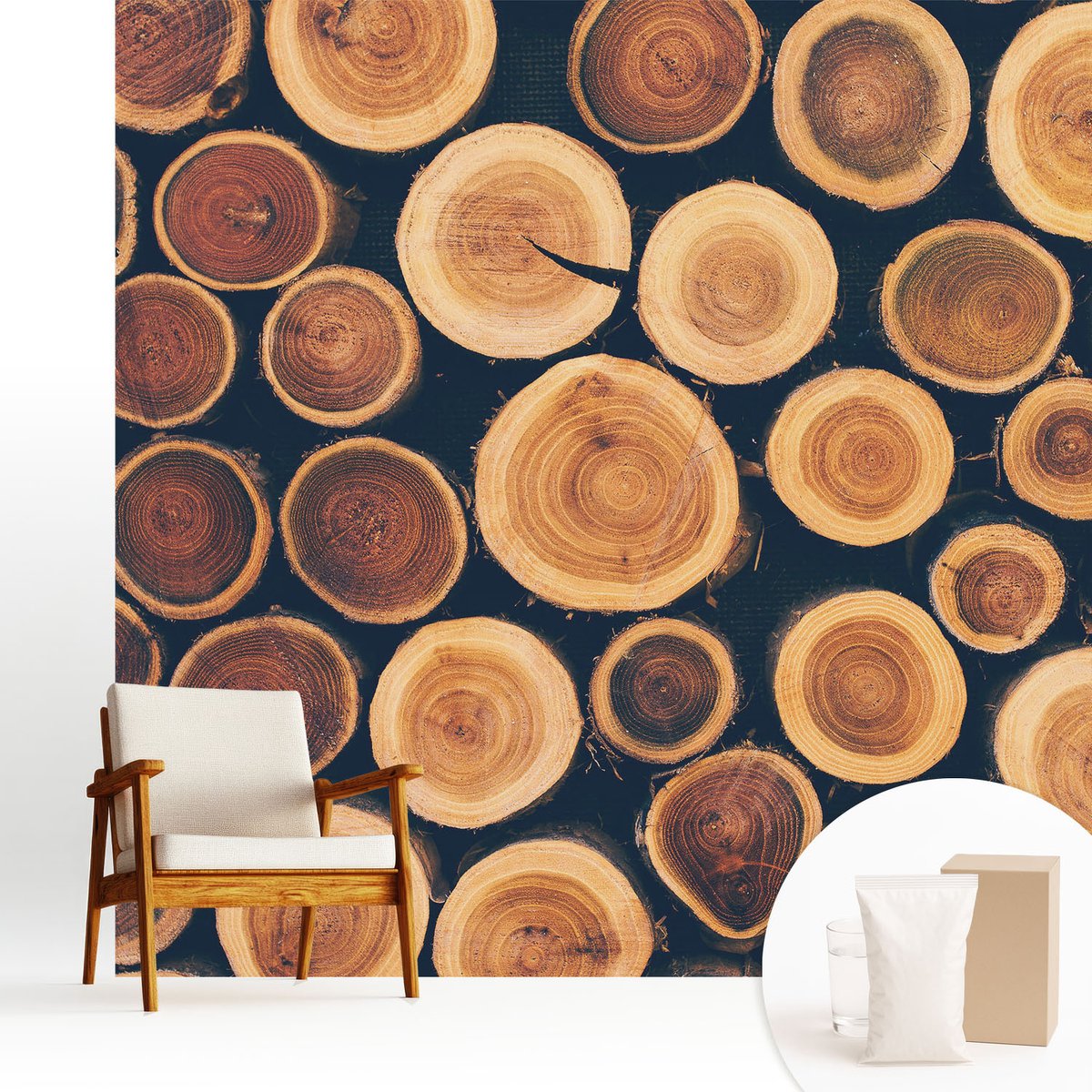 Wallfluent Fotobehang - Bruin Vliesbehang - 250x250 cm - Houten Cirkels Muurschildering - Gang behang Texturen - Fotobehang Vlies - Slaapkamer behang