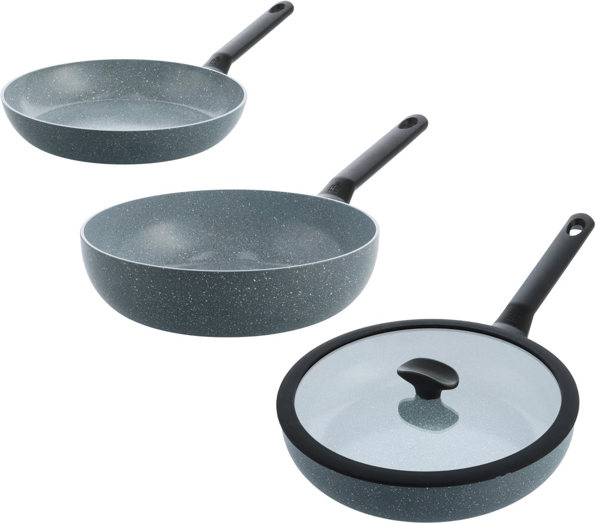 BK Blue Label Granite keramische antiaanbak pannenset 3-delig - Koekenpan 28cm, Hapjespan 28 cm en Wokpan 28cm - PFAS-vrij - Inductie pannenset - Ovenbestendig tot 160°C - Vaatwasserbestendig - Snelle opwarming – Koudgrepen - Blauw