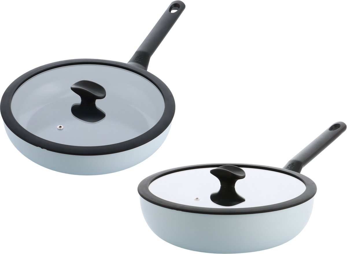 BK Enjoy Pannenset - Wokpan & Hapjespan met deksel 28cm - PFAS vrij - blauw - koelgrepen - ovenbestendig tot 160°