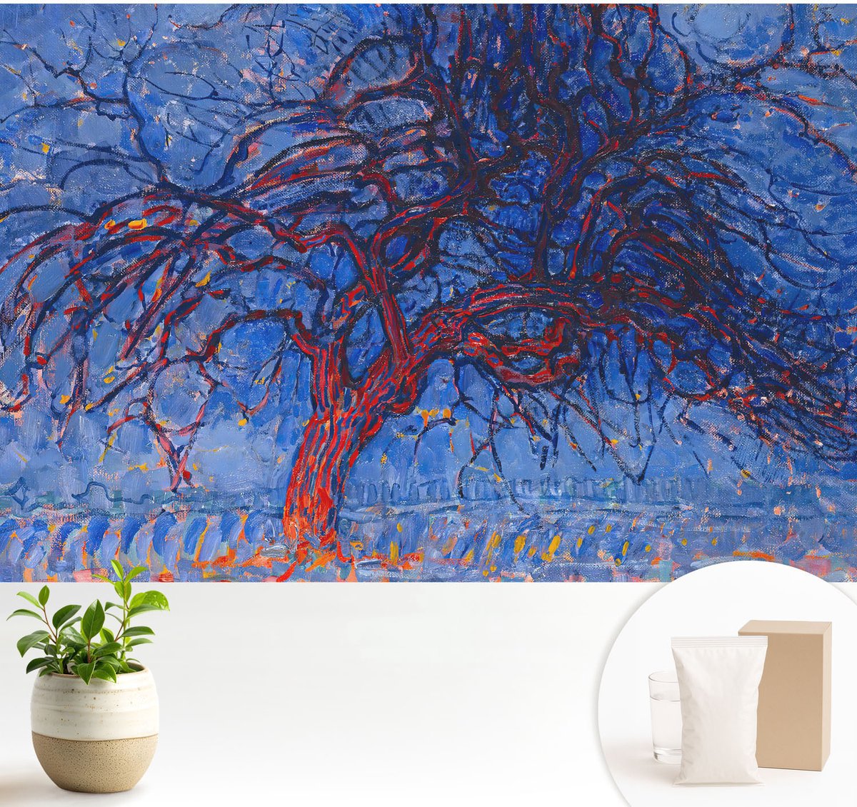 Wallfluent Fotobehang - Blauw Vliesbehang - 104x70 cm - Vlammenboom Muurschildering - Gang behang Deel - Fotobehang Vlies - Slaapkamer behang