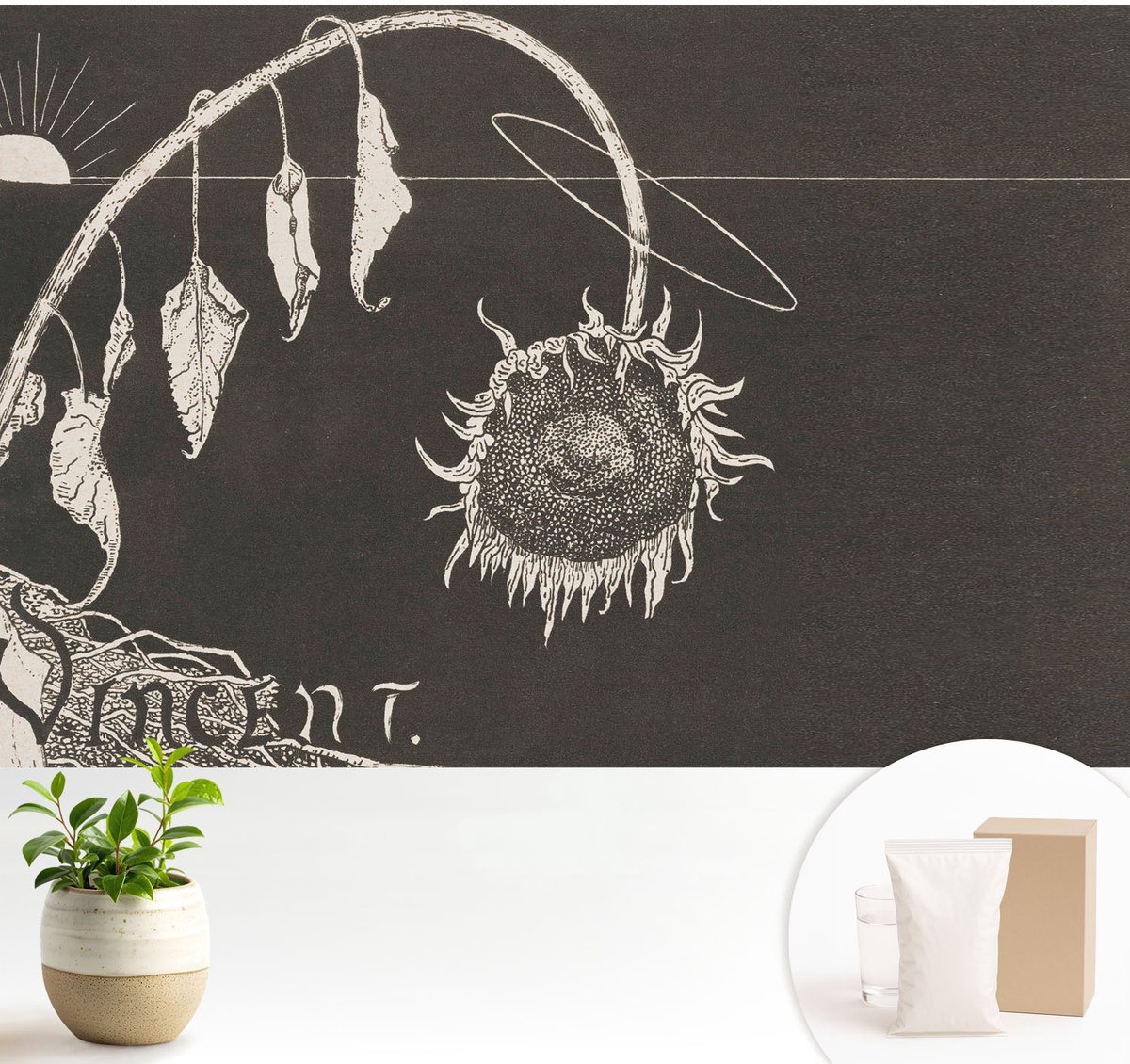 Wallfluent Fotobehang - Zwart Vliesbehang - 104x70 cm - Nostalgische Zonnebloem Muurschildering - Gang behang Deel - Fotobehang Vlies - Slaapkamer behang