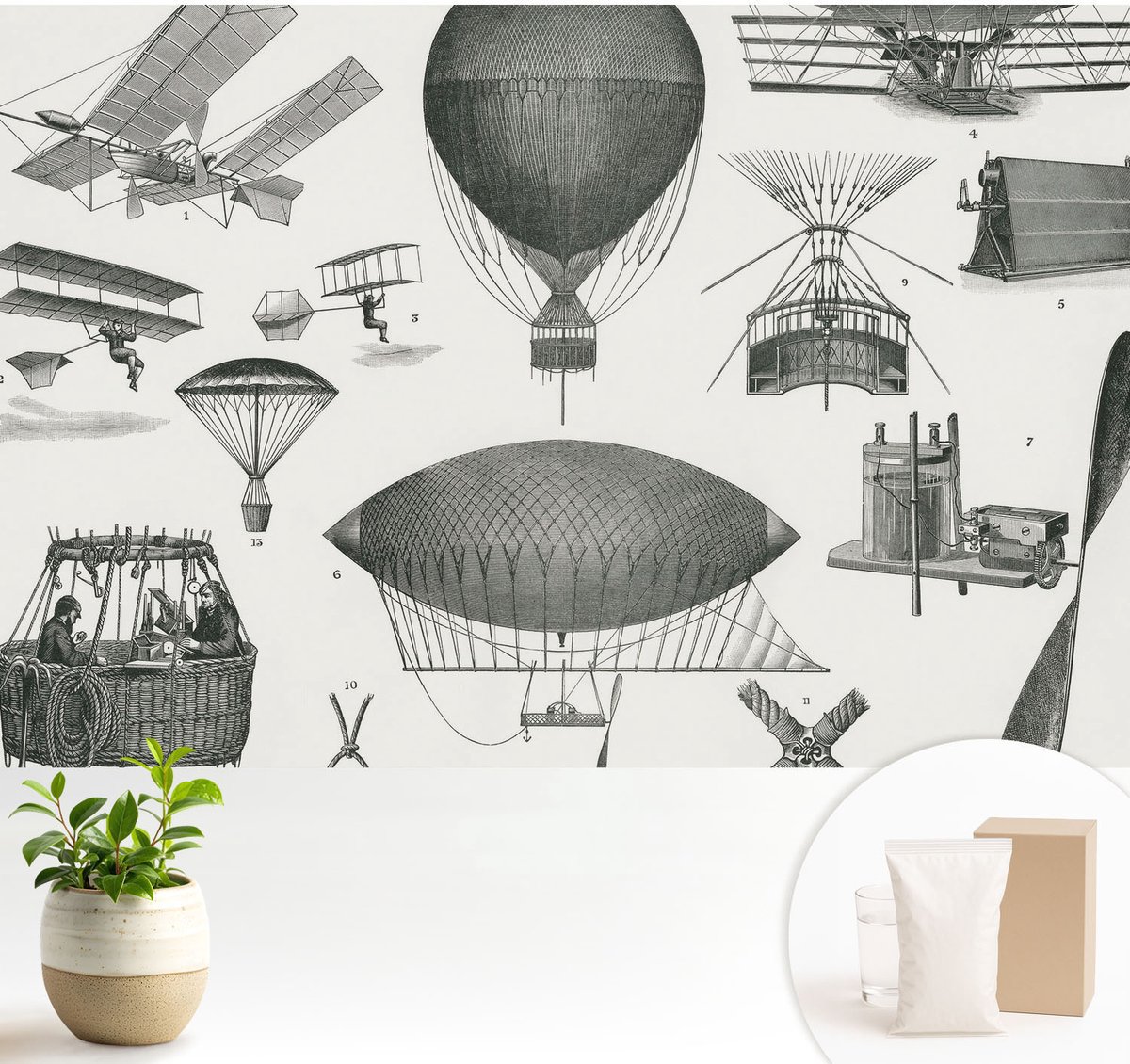 Wallfluent Fotobehang - Zwart Vliesbehang - 104x70 cm - Geschiedenis Van De Luchtvaart Muurschildering - Gang behang Deel - Fotobehang Vlies - Slaapkamer behang