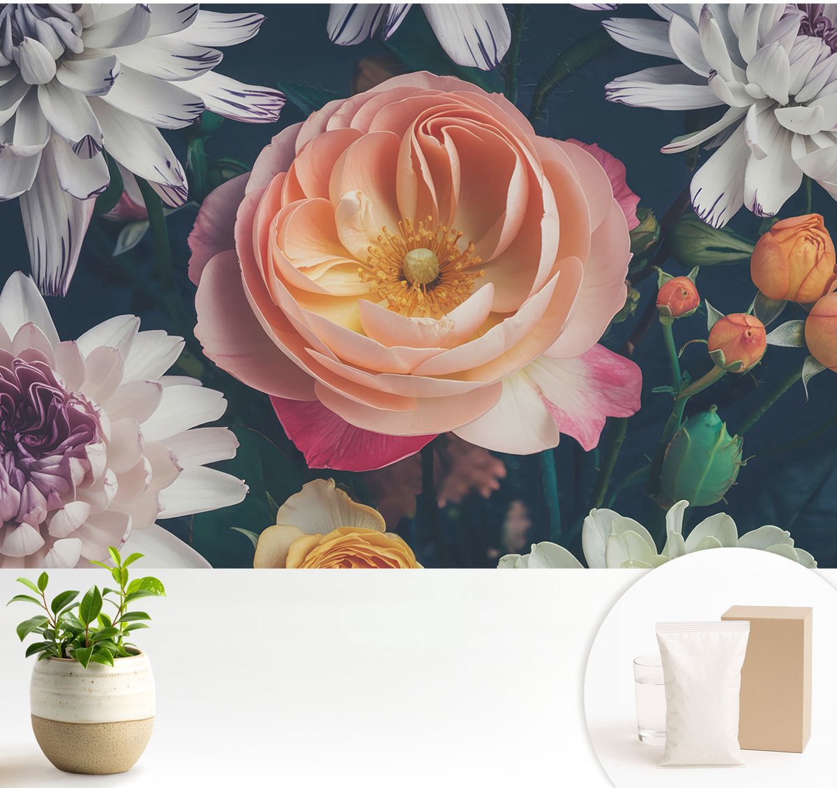 Wallfluent Fotobehang - Roze Vliesbehang - 104x70 cm - Bloemenharmonie Fotobehang Vlies - Woonkamer behang Bloemen En Planten - Muurschildering - Woonkamer behang
