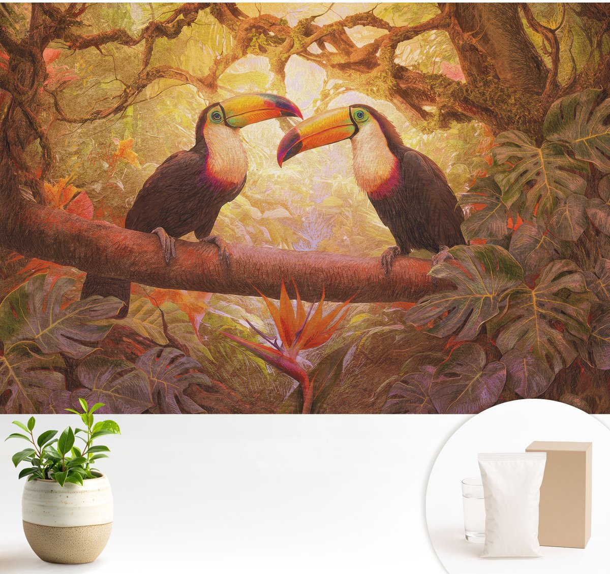 Wallfluent Fotobehang - Bruin Vliesbehang - 104x70 cm - Kleurrijke Toekans Muurschildering - Slaapkamer behang Dieren - Fotobehang Vlies - Slaapkamer behang
